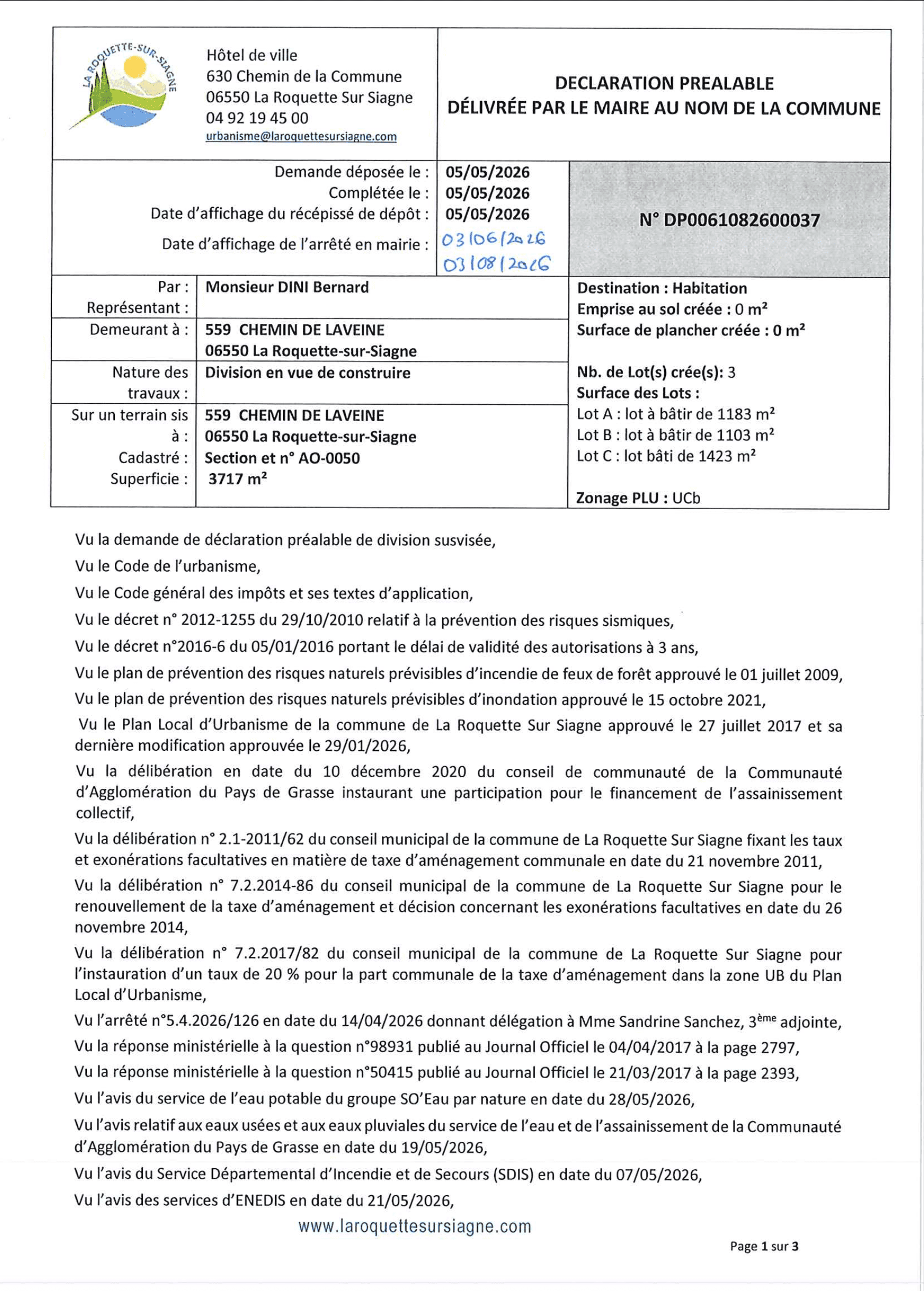 Arrêté de non-opposition à la Déclaration Préalable de division — La Roquette-sur-Siagne, juin 2026