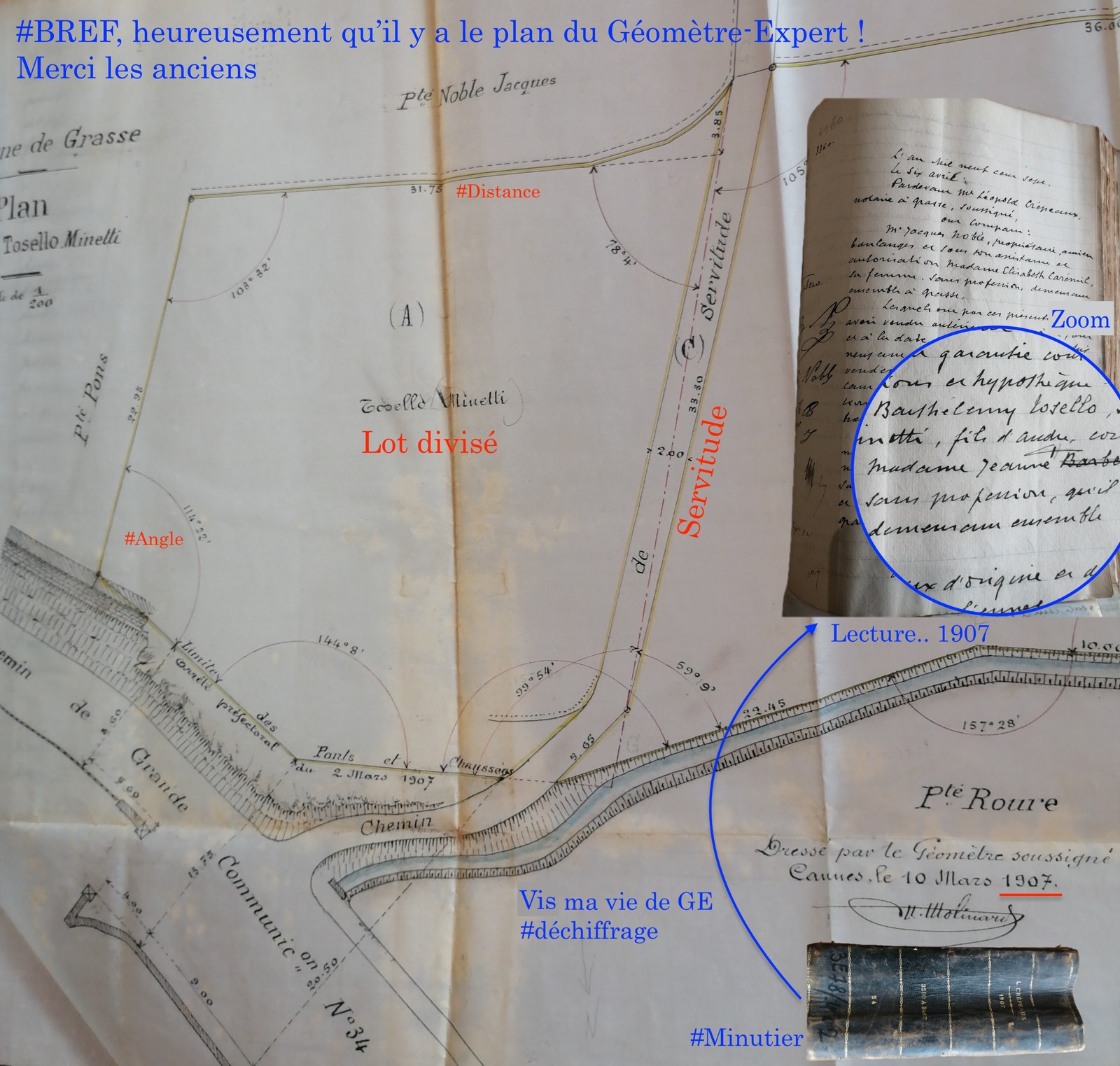 Plan manuscrit de Géomètre-Expert de 1907 annexé à un acte notarié, superposé à l'état des lieux actuel pour l'analyse des servitudes - PYTHAGORE