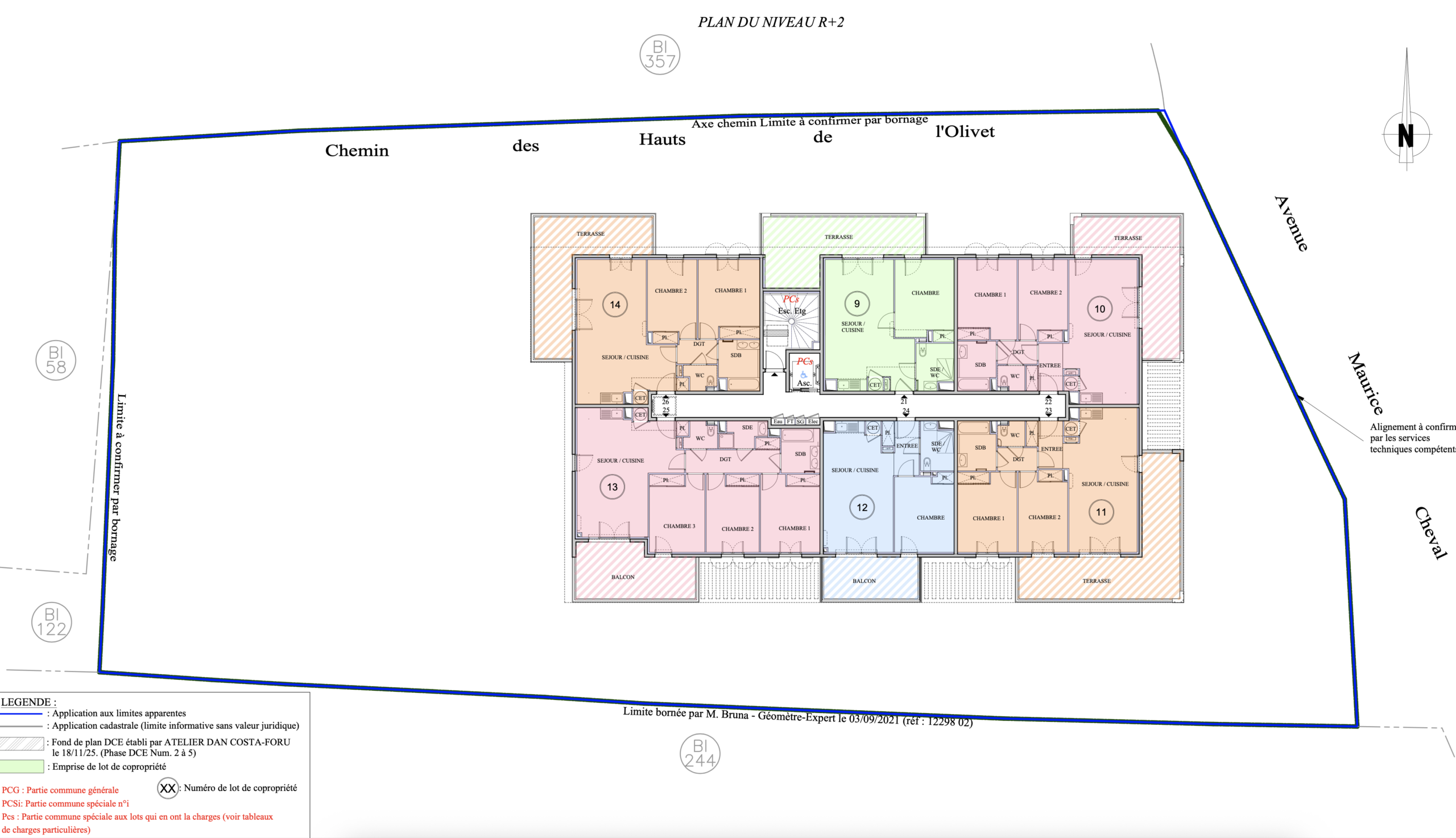 Plan EDD du R+2 copropriété OLIVERDE Le Cannet - 6 appartements avec PCG et PCs