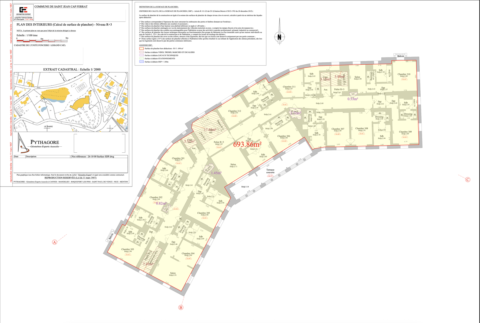 Plan de calcul de Surface de Plancher SDP niveau R+3 du Grand-Hôtel du Cap-Ferrat anonymisé - PYTHAGORE Géomètres-Experts