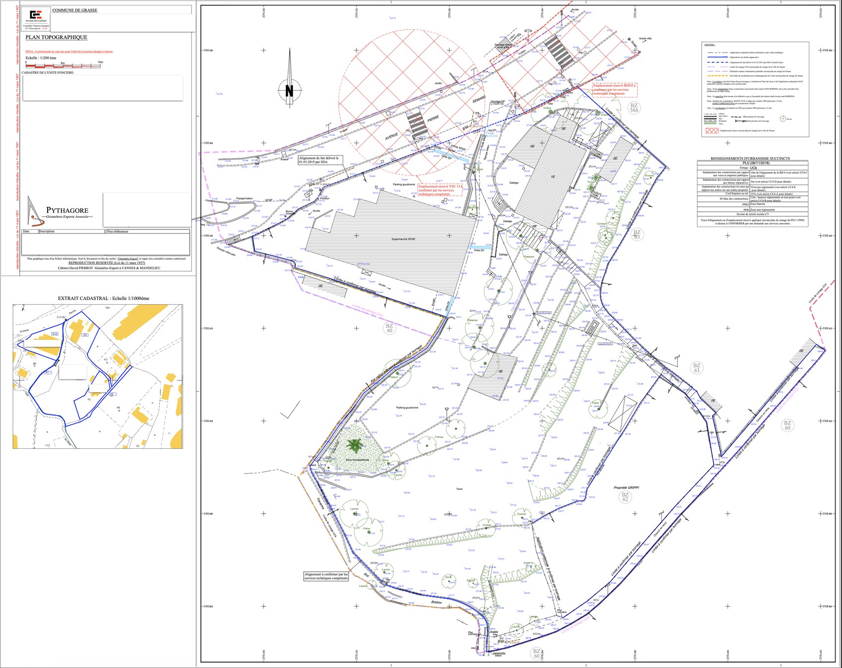 Plan topographique d'un terrain à Grasse réalisé par PYTHAGORE Géomètres-Experts, support du calage et de l'analyse des servitudes