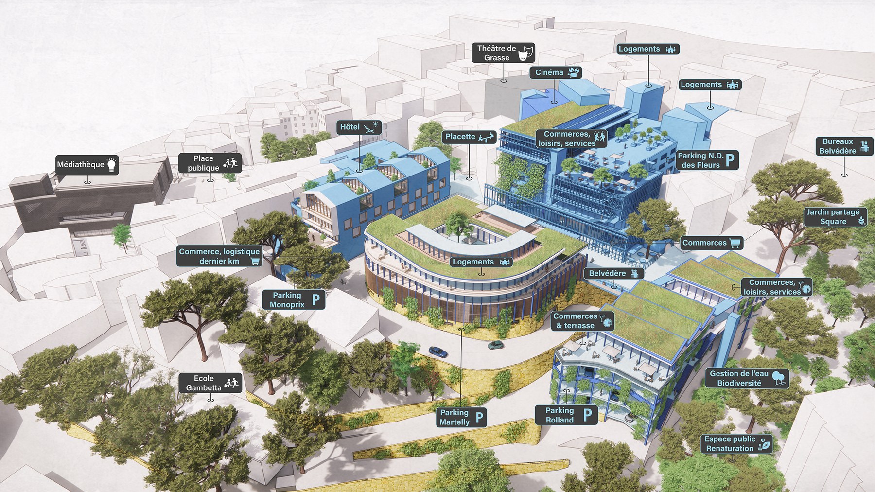 Perspective du projet urbain ZAC Martelly à Grasse : logements, commerces, hôtel, cinéma - division en volumes par PYTHAGORE Géomètres-Experts
