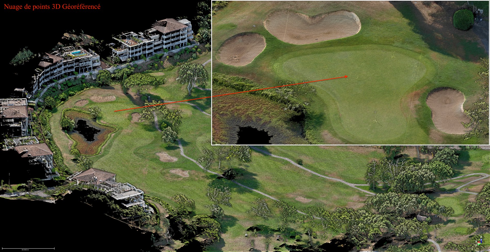 Nuage de points 3D géoréférencé du Golf de Barbossi avec zoom sur un green et ses bunkers - PYTHAGORE Géomètres-Experts