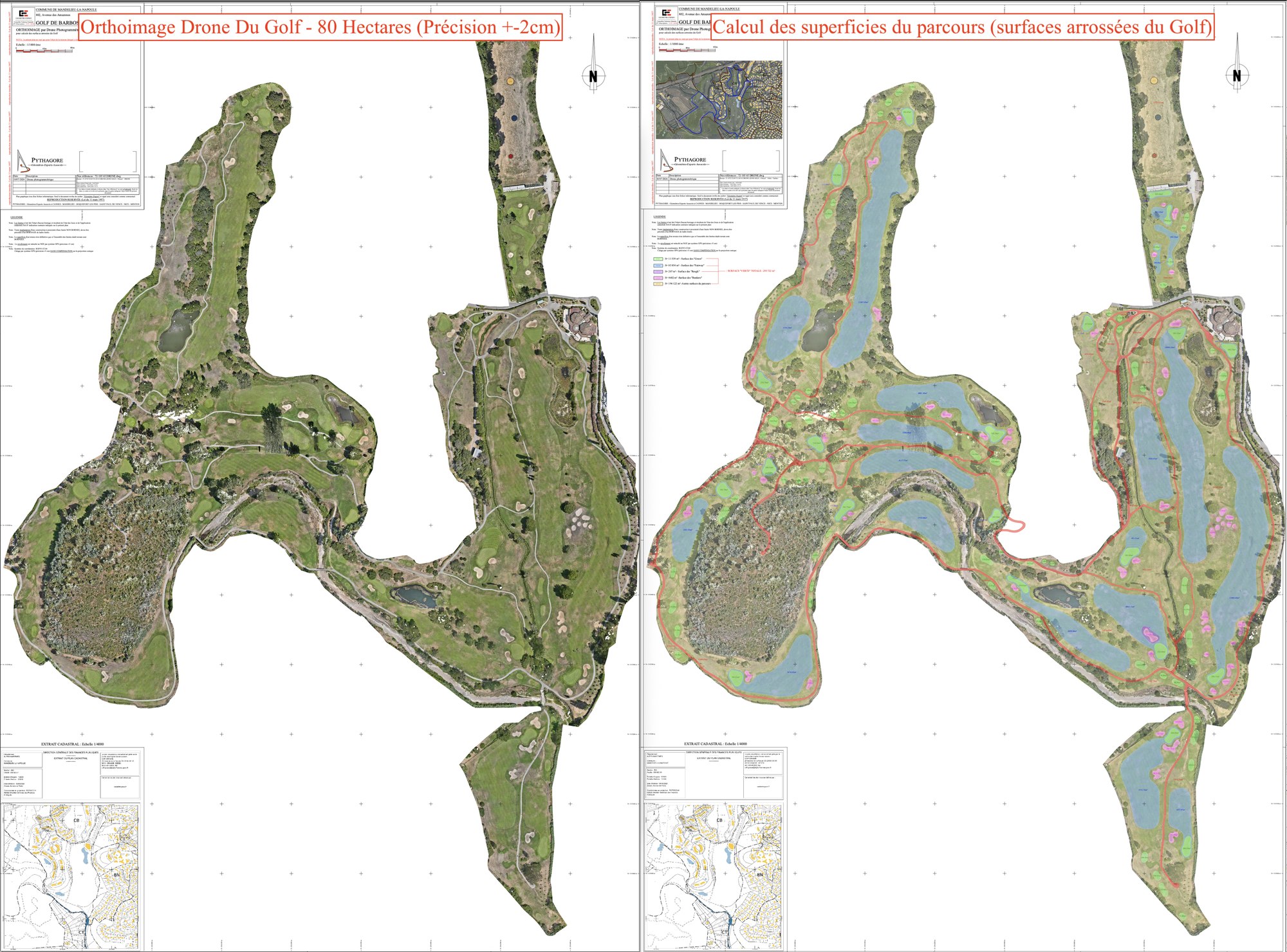Orthoimage drone 80 hectares et calcul des surfaces arrosées (greens, fairways, roughs, bunkers) du Golf de Barbossi à Mandelieu - PYTHAGORE Géomètres-Experts