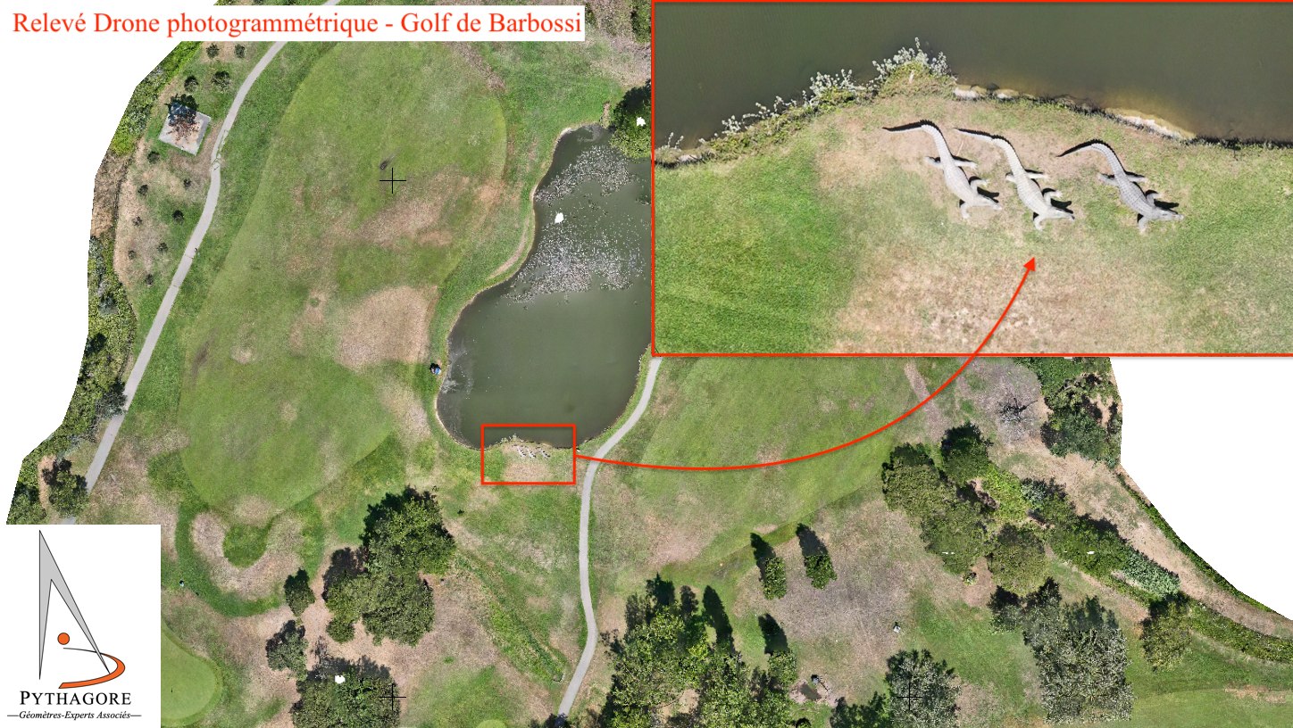 Zoom sur les sculptures au bord d'un lac du Golf de Barbossi illustrant la finesse de l'orthoimage drone - PYTHAGORE Géomètres-Experts