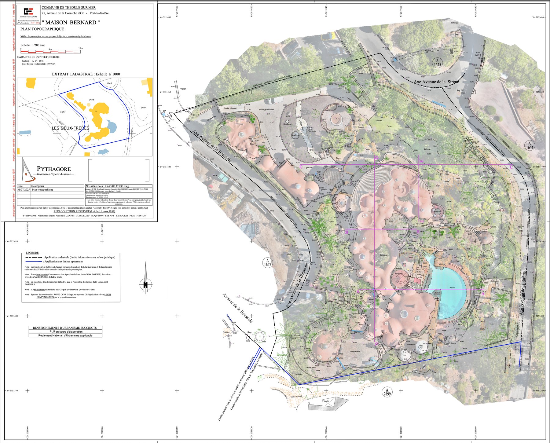 Plan topographique 2D calé sur orthoimage drone de la Maison Bernard à Théoule-sur-Mer - PYTHAGORE Géomètres-Experts