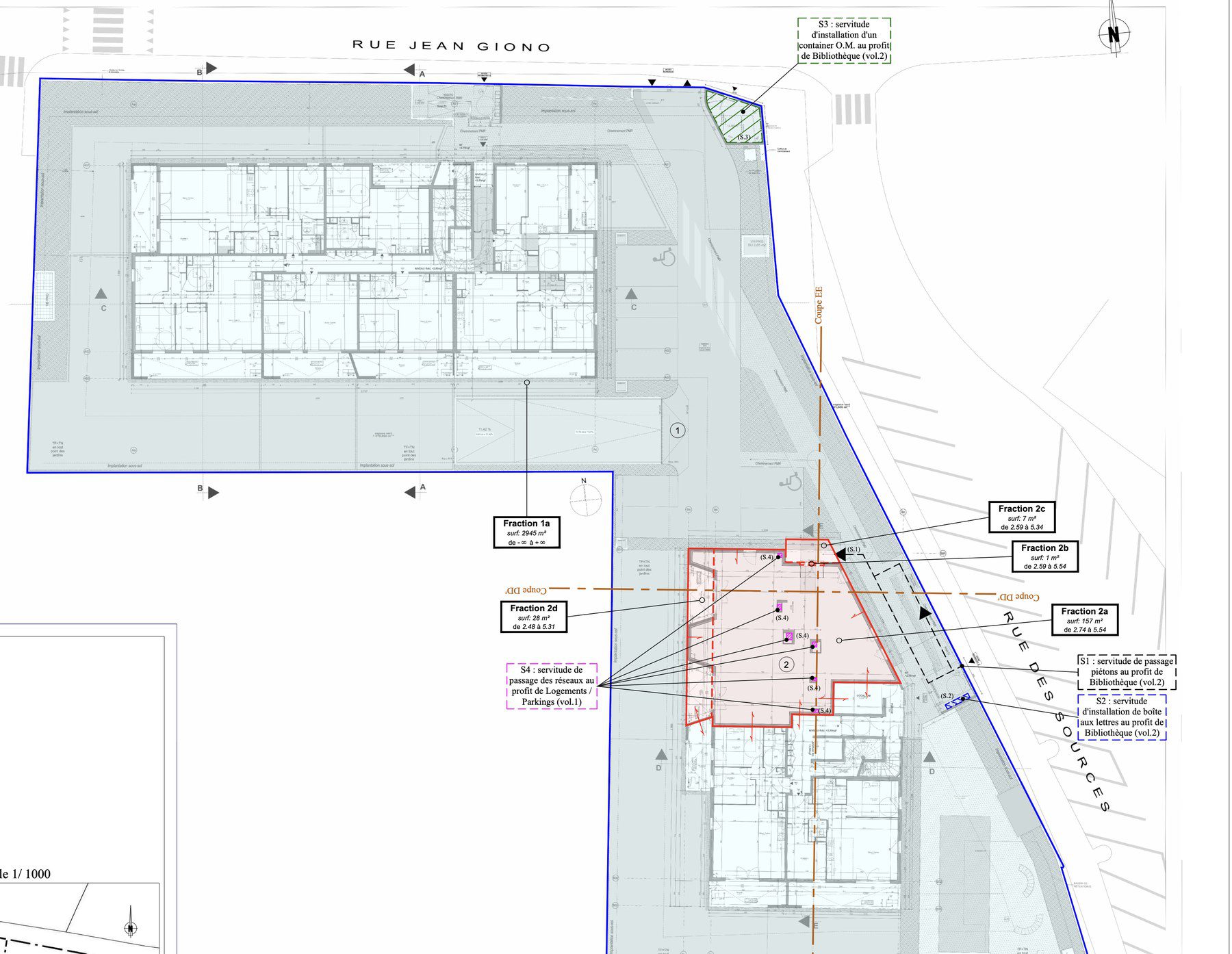 Plan de division en volumes à Fréjus : emprises des volumes, fractions et servitudes