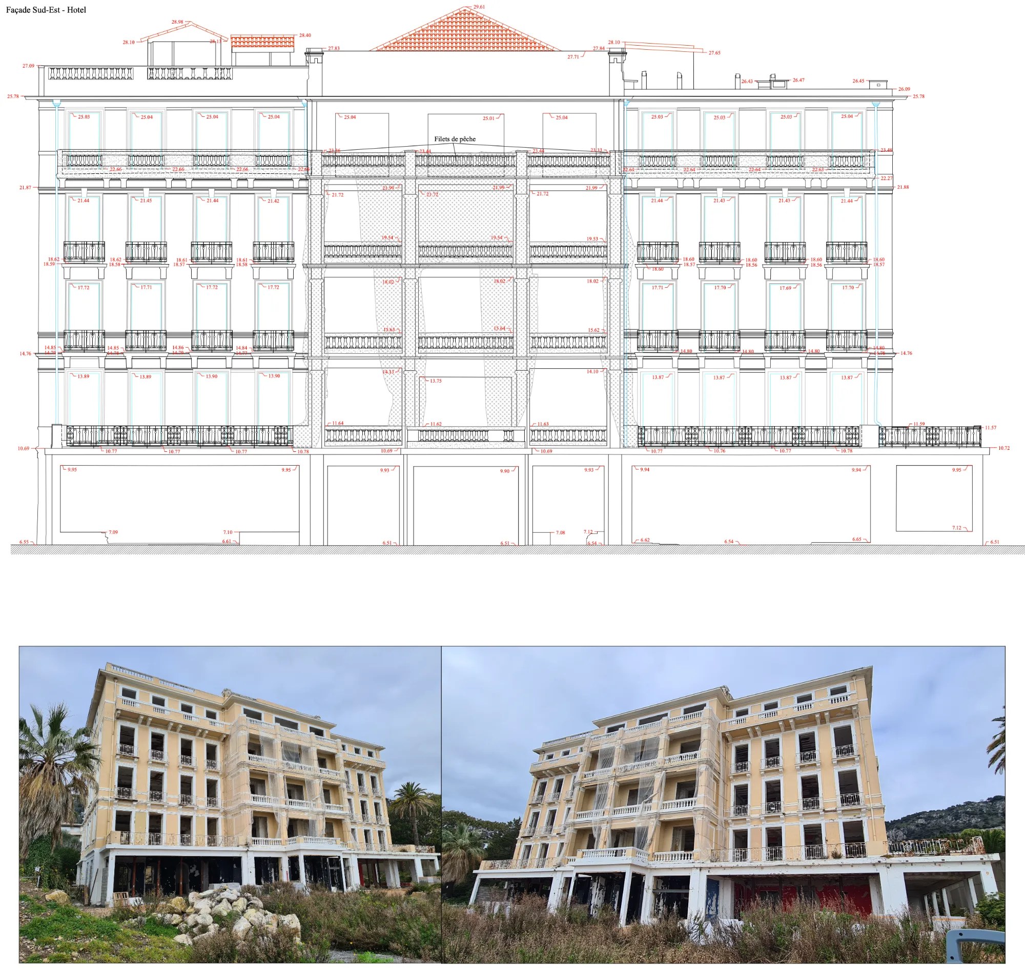 Relevé coté de la façade sud-est de l'Hôtel Métropole à Beaulieu-sur-Mer, avec altitudes NGF de chaque niveau, et photographies de l'hôtel avant travaux