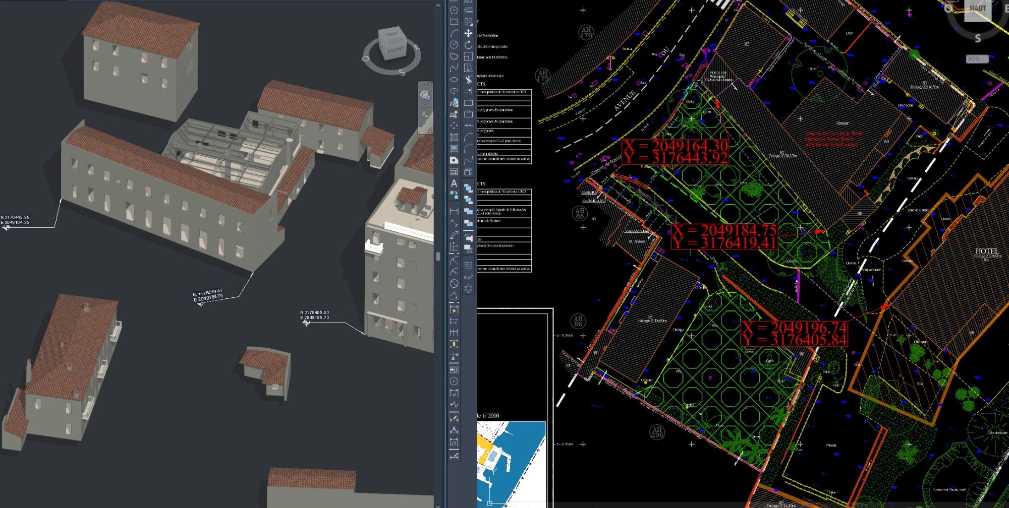 Maquette Revit et plan topographique AutoCAD côte à côte avec les mêmes coordonnées Lambert 93 CC44, preuve du géoréférencement de la maquette BIM de l'Hôtel Métropole à Beaulieu-sur-Mer