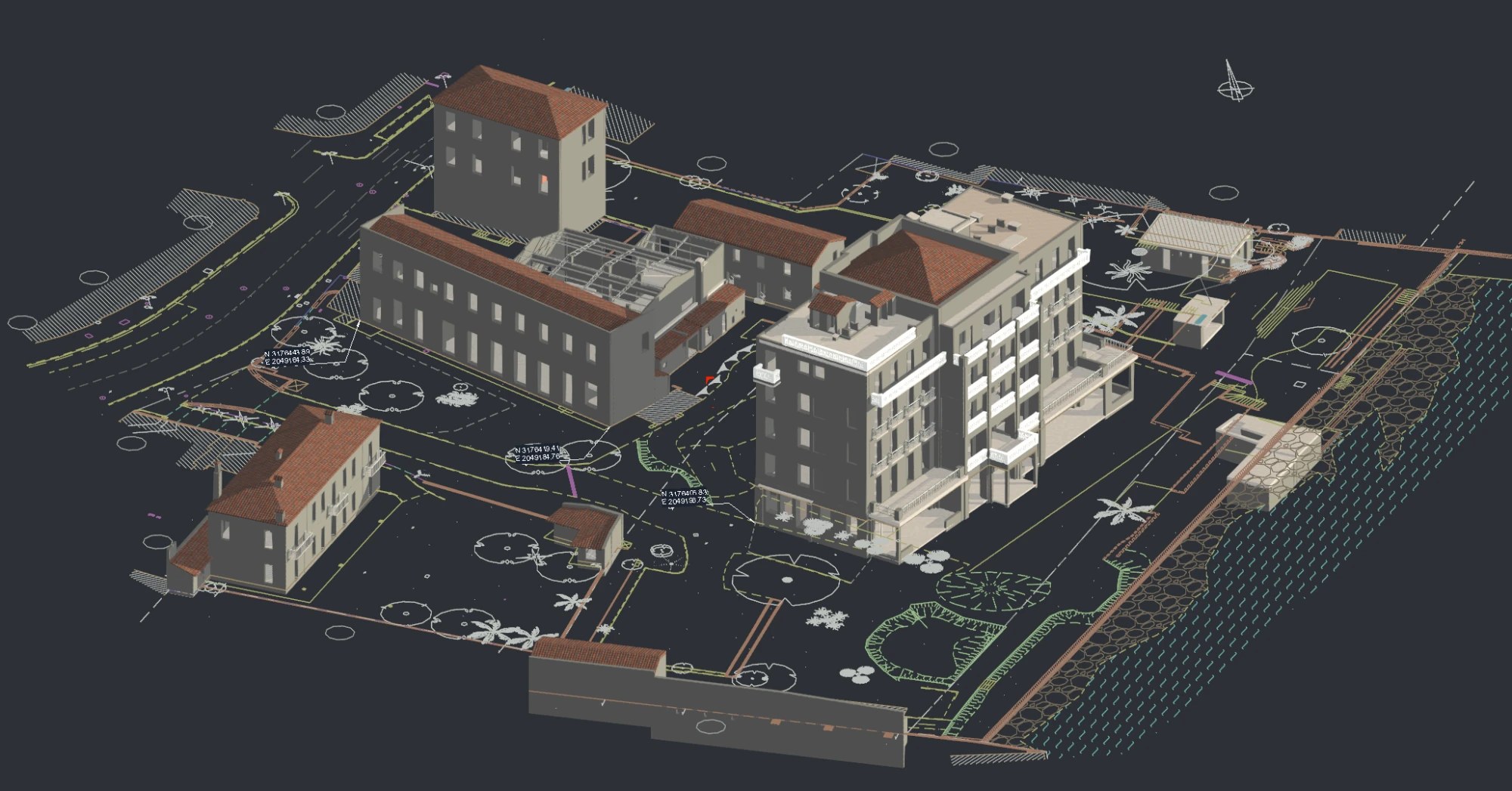 Maquette BIM Revit de l'Hôtel Métropole à Beaulieu-sur-Mer posée sur le plan topographique géoréférencé, PYTHAGORE Géomètres-Experts