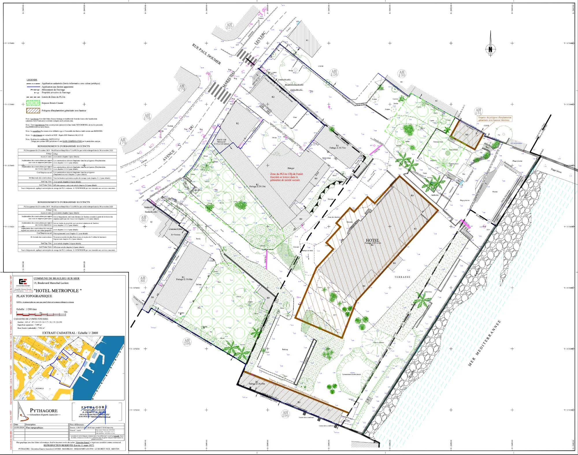 Plan topographique au 1/200 de l'unité foncière de l'Hôtel Métropole à Beaulieu-sur-Mer, avec zonage du PLUm et polygones d'implantation, PYTHAGORE Géomètres-Experts