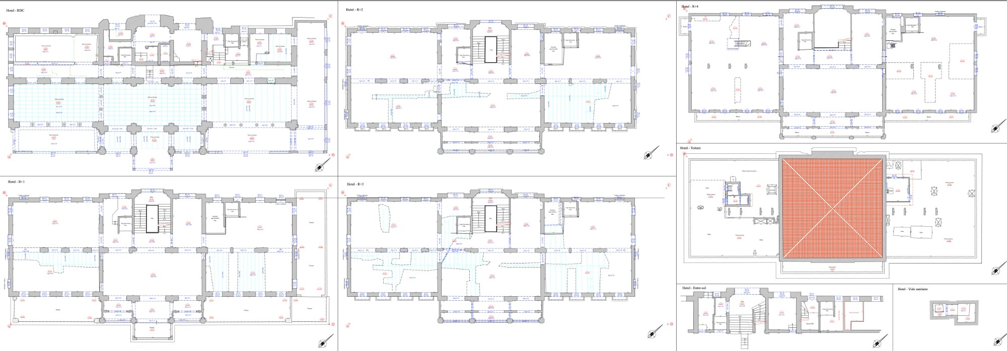 Plans d'intérieurs par niveau de l'Hôtel Métropole à Beaulieu-sur-Mer issus du relevé au scanner 3D : vide sanitaire, entre-sol, rez-de-chaussée, R+1 à R+4 et toiture
