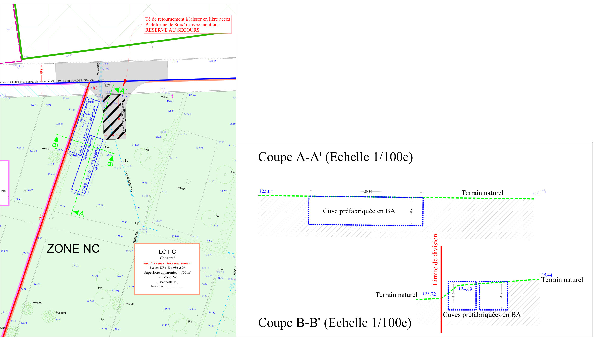 Plan et coupes des deux citernes enterrées de 60 m³ de défense extérieure contre l'incendie, plateforme réservée aux secours et té de retournement, permis d'aménager à Mougins
