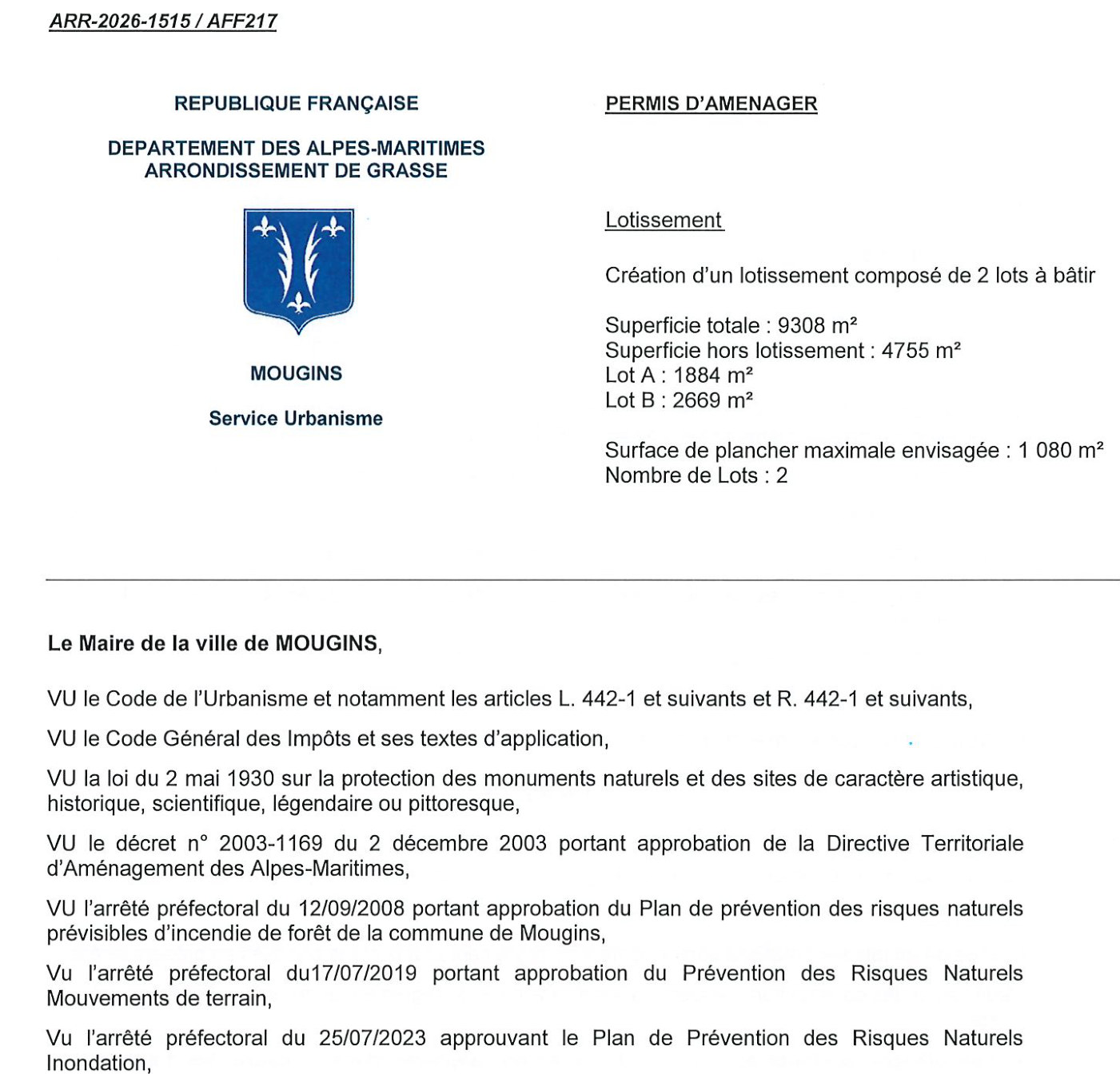 Extrait de l'arrêté de permis d'aménager délivré par la mairie de Mougins le 9 septembre 2026 pour la création de deux lots à bâtir