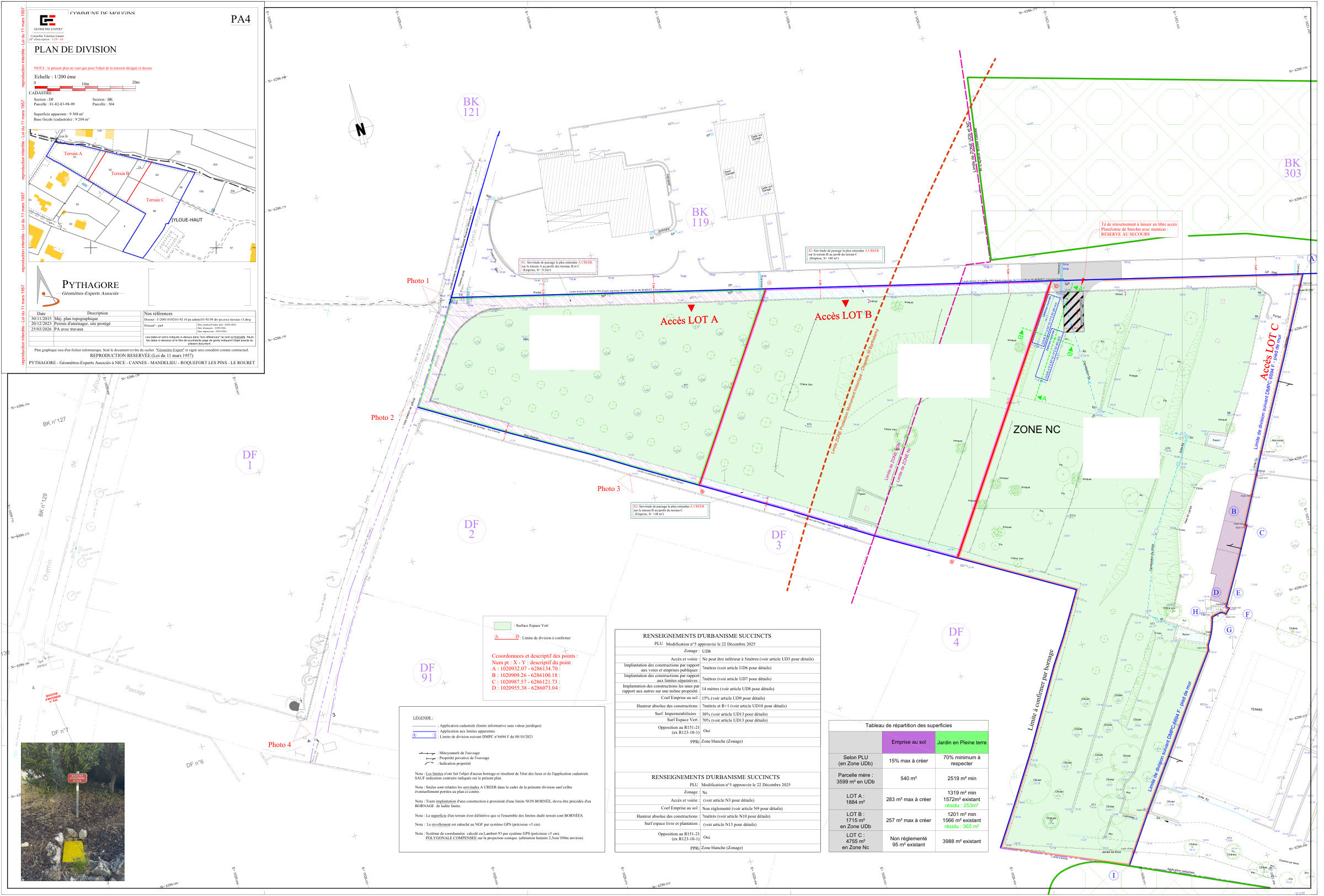 Plan de division PA4 du permis d'aménager à Mougins : deux lots à bâtir, voirie commune et aire de retournement réservée aux secours, PYTHAGORE Géomètres-Experts
