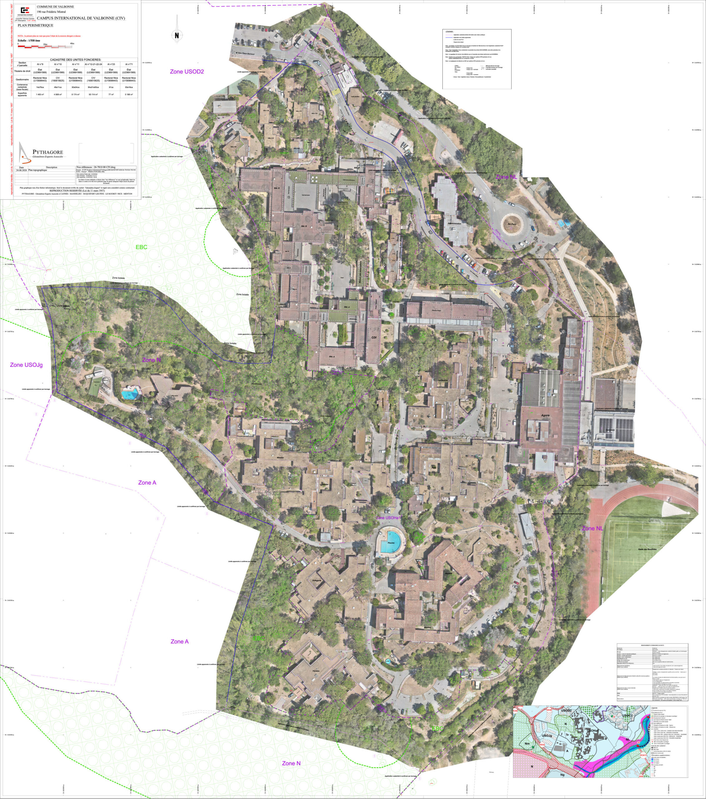 Orthophotographie drone du Campus International de Valbonne (Sophia Antipolis) superposée au plan périmétrique du géomètre-expert : le trait se cale au centimètre sur l'image