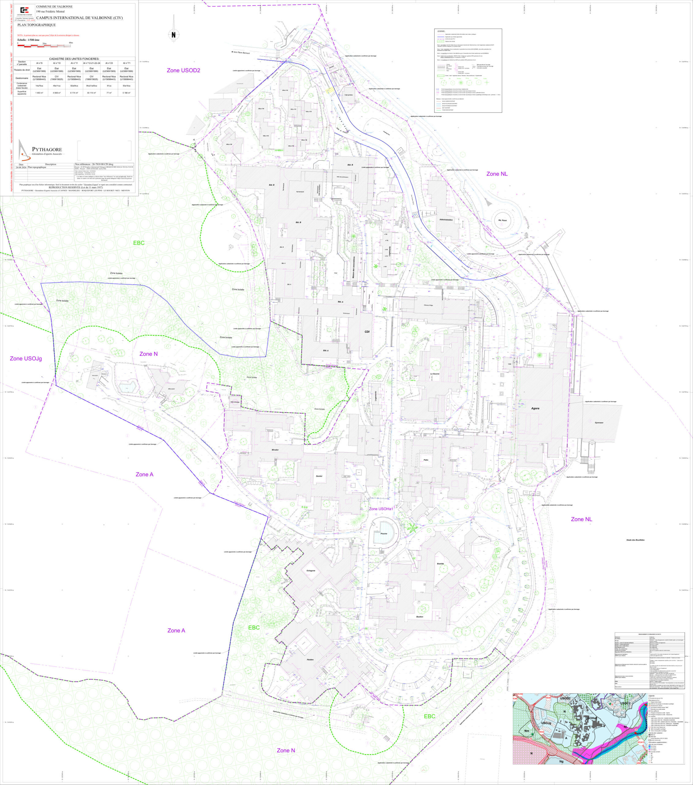 Plan topographique au 1/500 du Campus International de Valbonne (CIV) à Sophia Antipolis, relevé par PYTHAGORE Géomètres-Experts