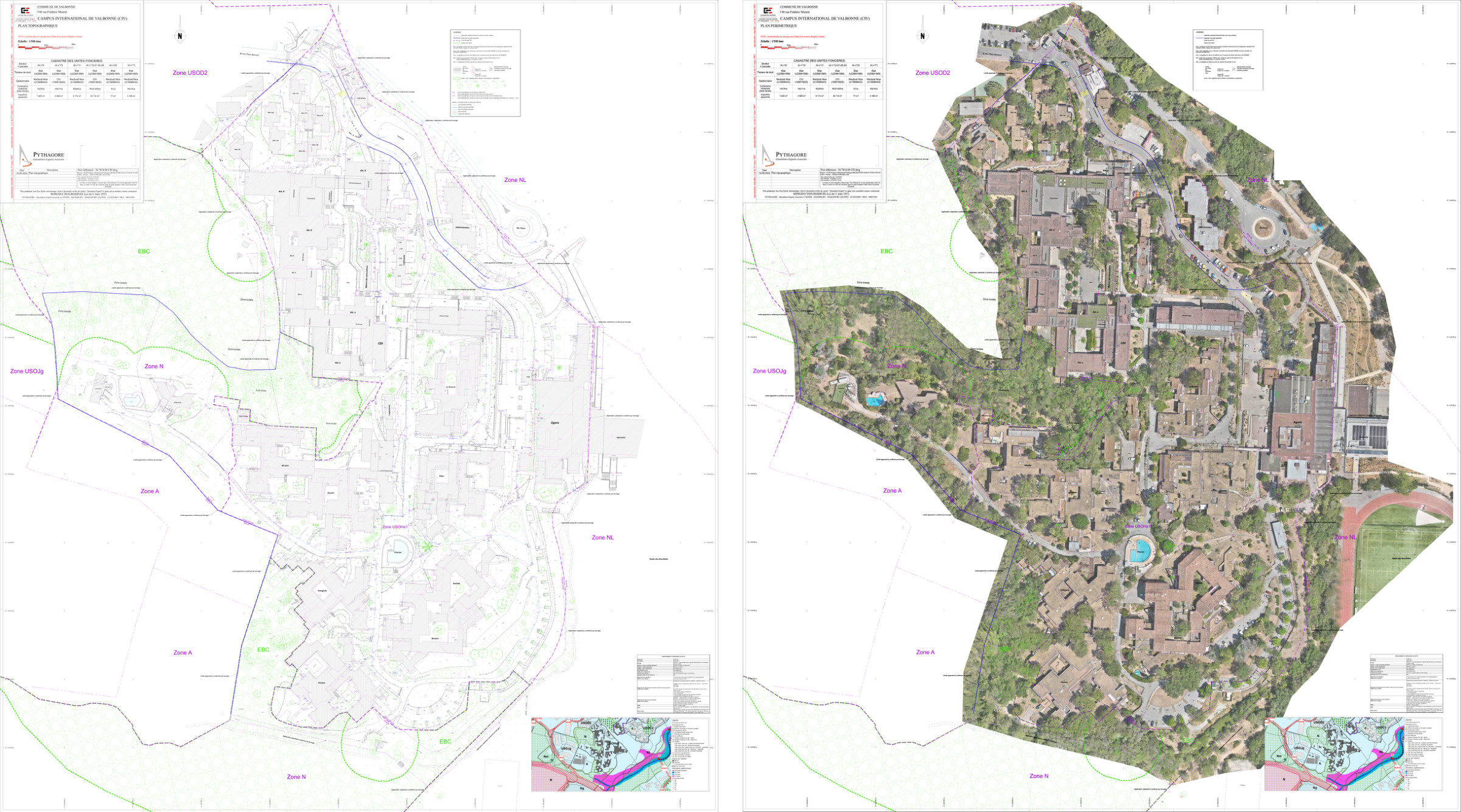 Plan topographique du Campus International de Valbonne et superposition à l'orthophotographie drone, Sophia Antipolis, par PYTHAGORE Géomètres-Experts