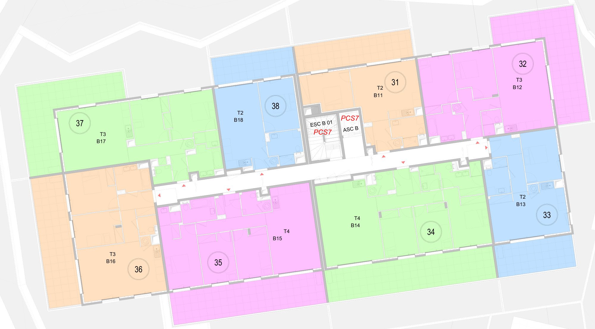 Extrait du plan de copropriété du premier étage du bâtiment B : numéros de lots, numéros de vente et typologies, copropriété en VEFA à Cannes, PYTHAGORE Géomètres-Experts