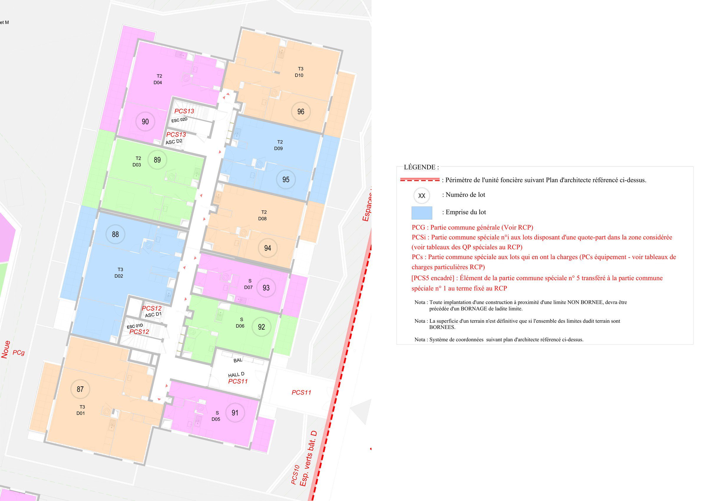 Rez-de-chaussée du bâtiment D et légende du plan de copropriété : parties communes générales, parties communes spéciales et éléments transférés au terme de l'usufruit, PYTHAGORE Géomètres-Experts