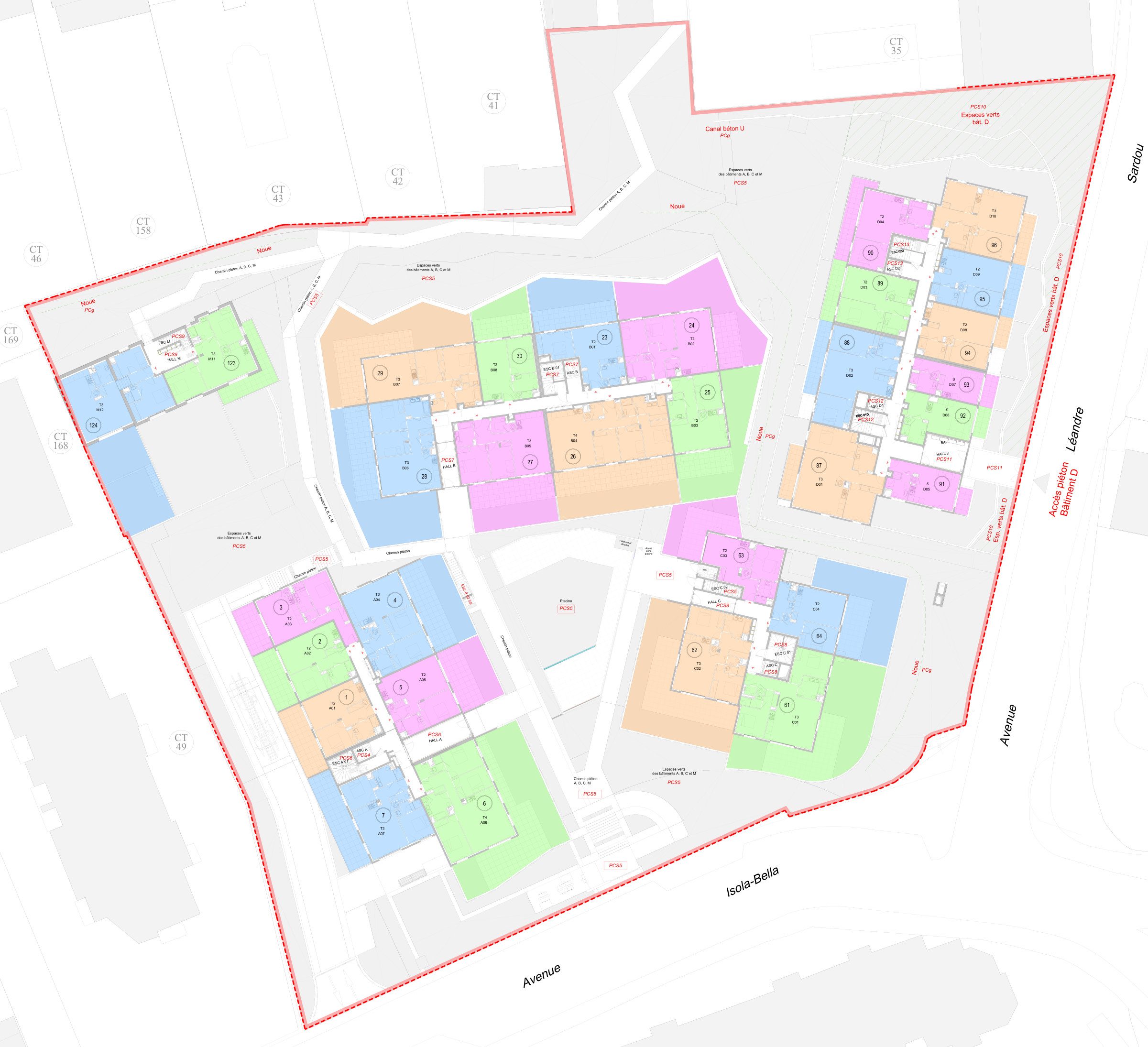 Plan de copropriété du rez-de-chaussée d'un ensemble de cinq bâtiments en VEFA, avenue Isola Bella à Cannes : lots en couleur et parties communes spéciales, PYTHAGORE Géomètres-Experts