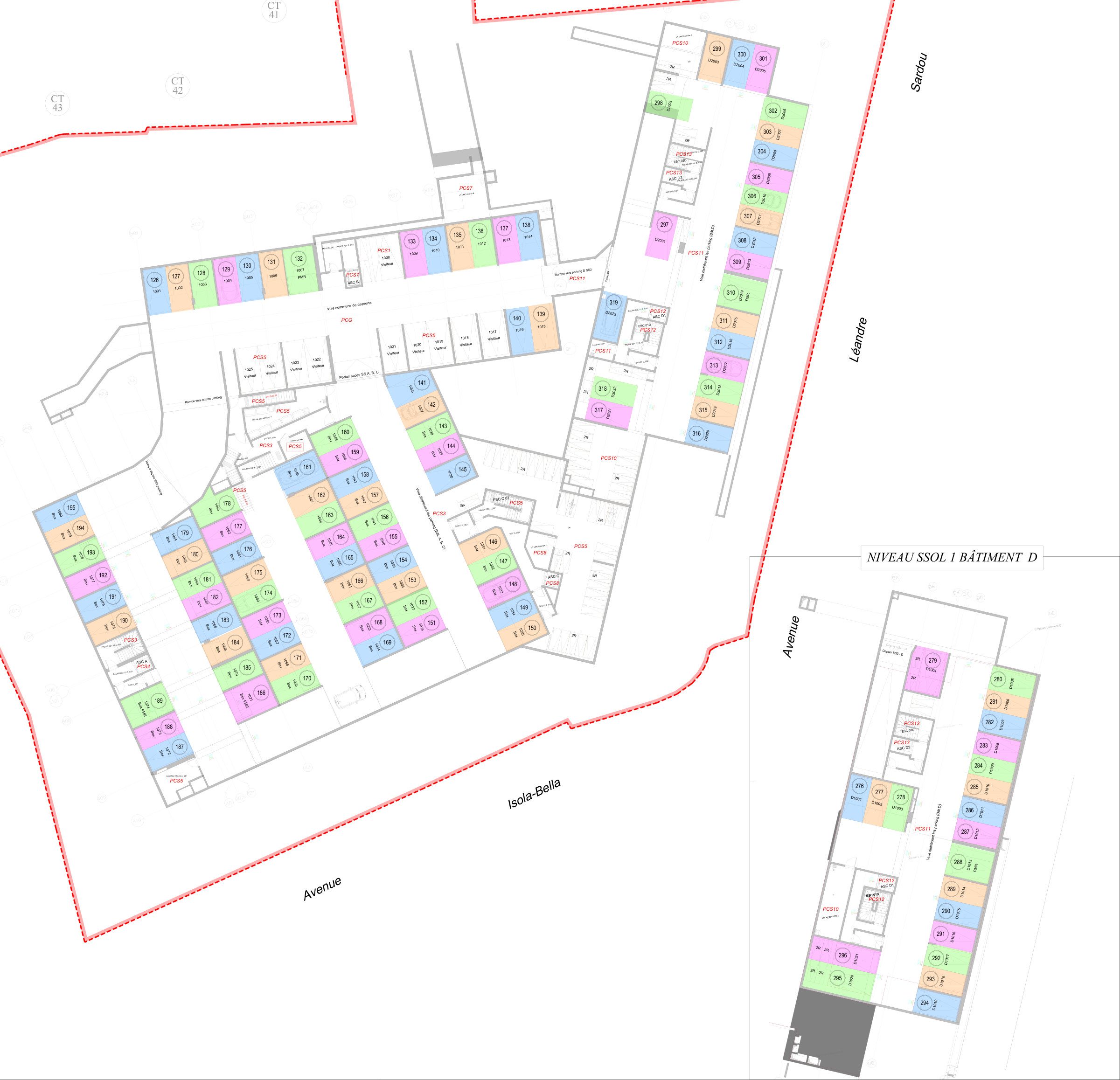 Plan de copropriété du premier sous-sol : boxes, places de parking et stationnements deux-roues numérotés, copropriété en VEFA à Cannes, PYTHAGORE Géomètres-Experts