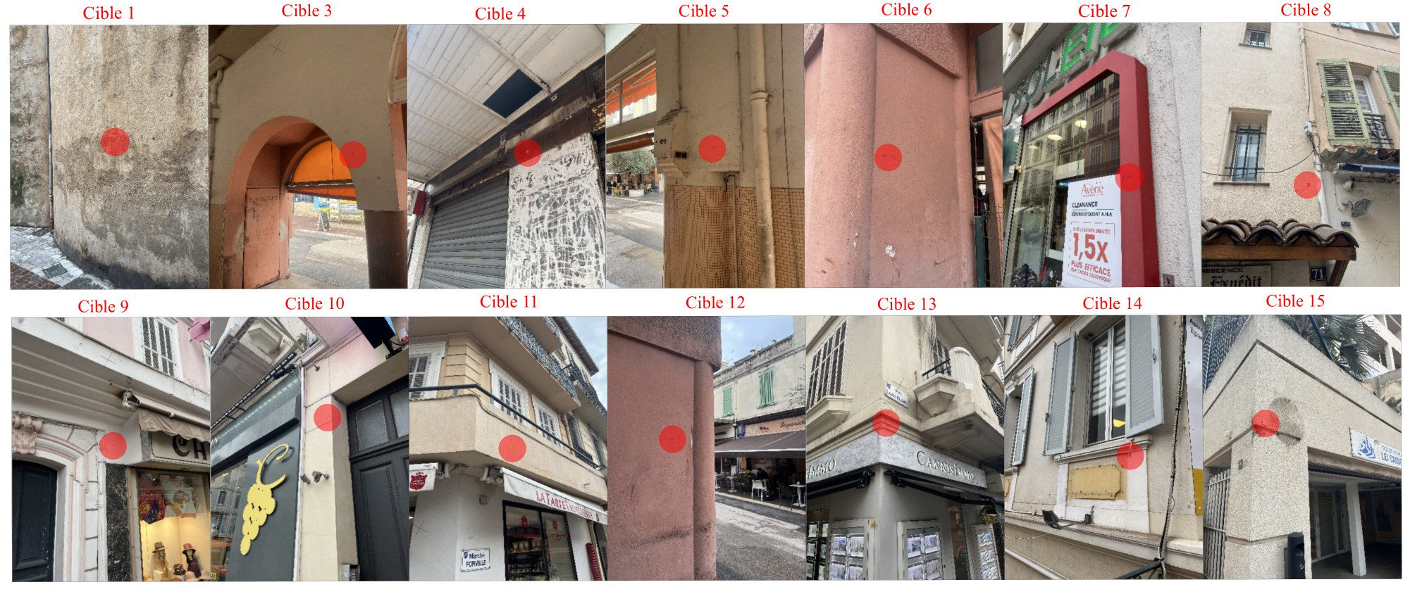 Photos de repérage des cibles de référence posées sur les façades autour du marché Forville à Cannes, PYTHAGORE Géomètres-Experts