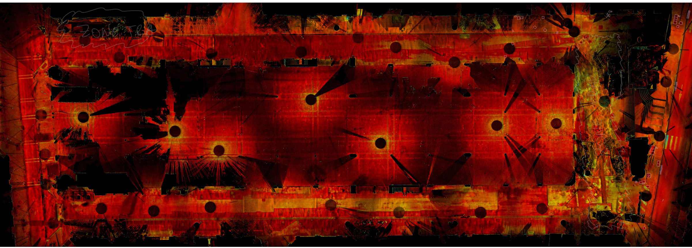 Vue de dessus du nuage de points du scanner laser 3D du marché Forville à Cannes, en intensité, avec les positions du scanner, PYTHAGORE Géomètres-Experts