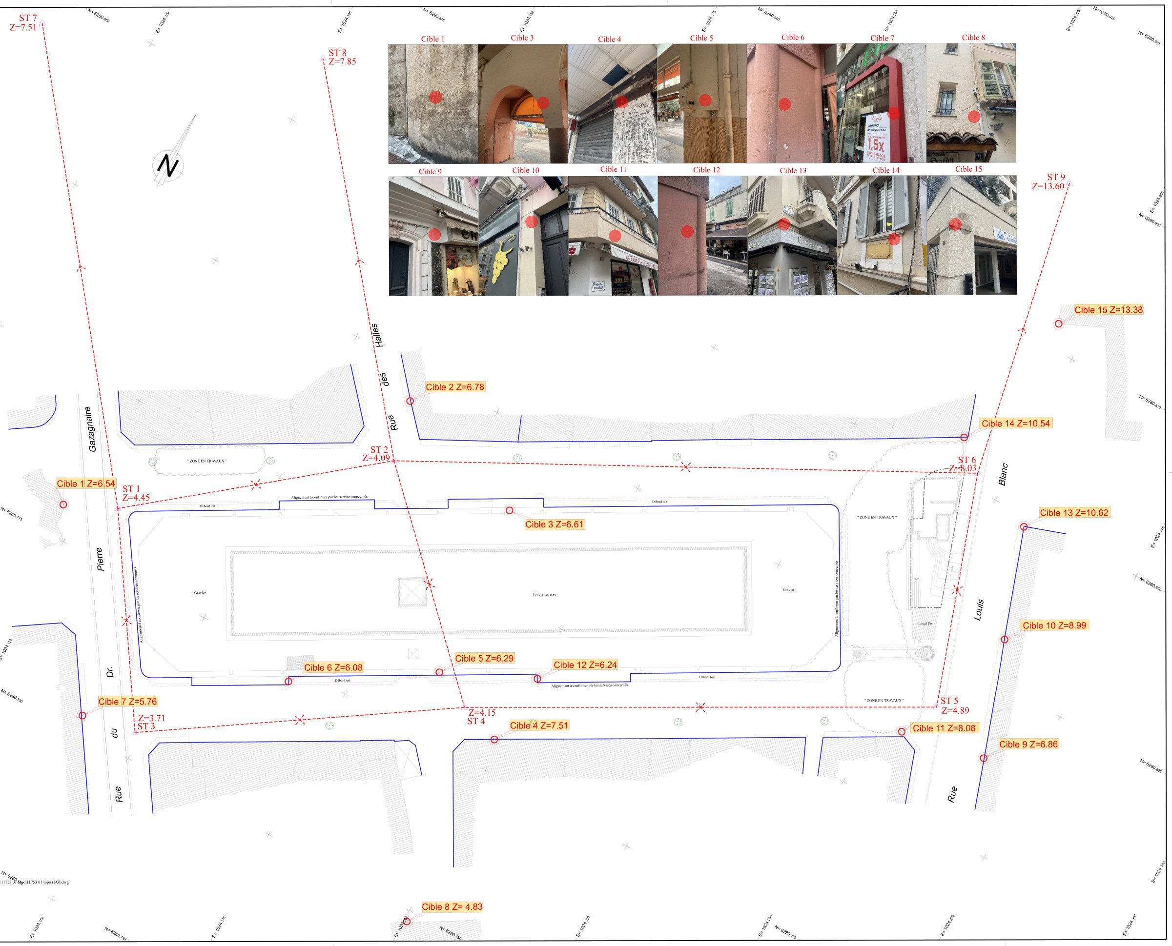 Plan de repérage de la polygonale de référence chantier autour du marché Forville à Cannes : stations, cibles et altitudes, PYTHAGORE Géomètres-Experts