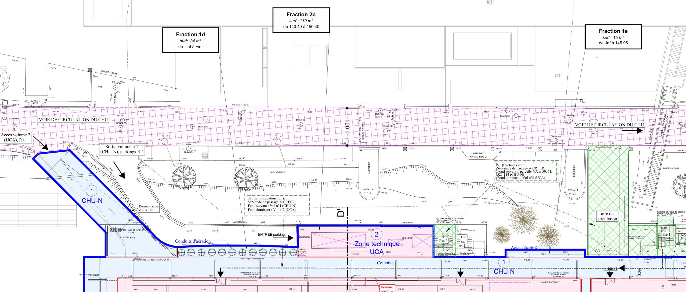 Plan du rez-de-chaussée de la division en volumes ARCHIMED à Nice : voie de circulation, escaliers et coursive du CHU grevés de servitudes de passage au profit du volume de l'université, PYTHAGORE Géomètres-Experts
