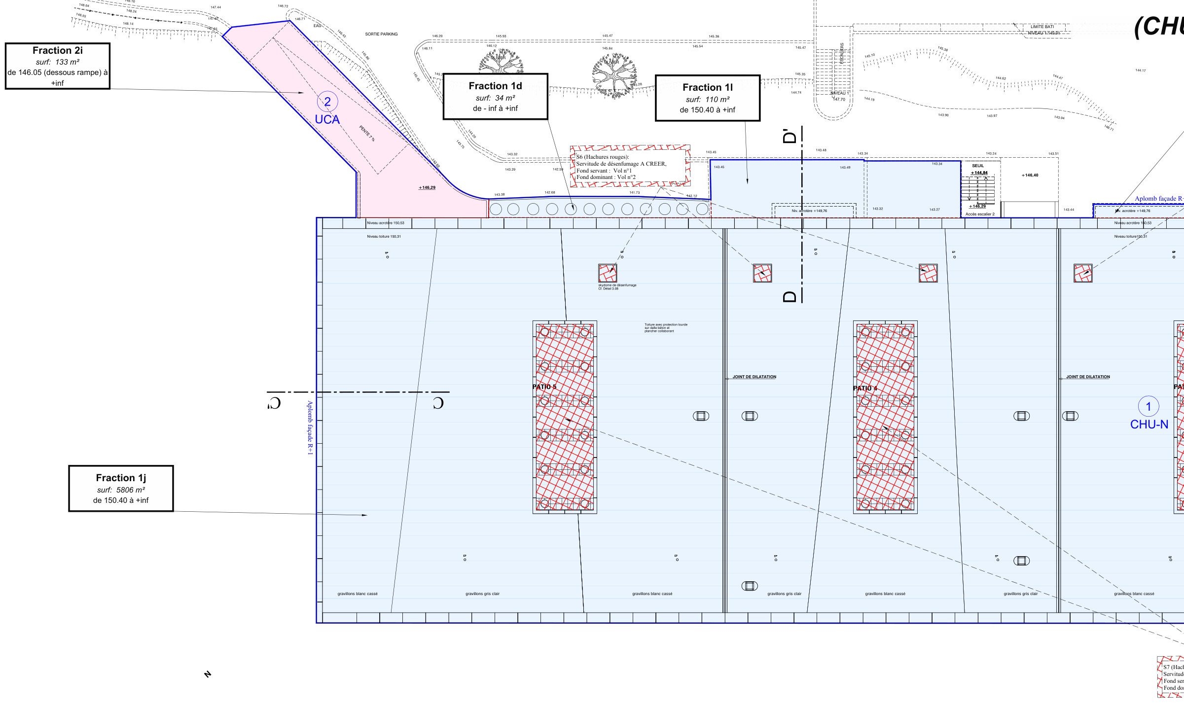 Plan du niveau toiture de la division en volumes ARCHIMED à Nice : espace aérien à bâtir du CHU au-dessus de la cote NGF 150,40 et servitudes de désenfumage et d'éclairage au profit de l'université, PYTHAGORE Géomètres-Experts