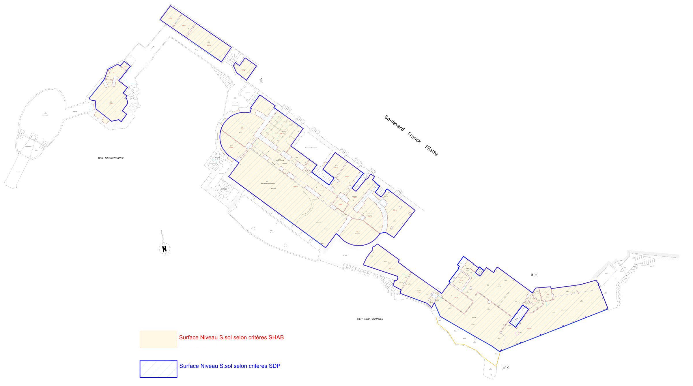 Plan de calcul des surfaces du sous-sol de La Réserve à Nice : surface selon les critères de la surface habitable et surface de plancher, PYTHAGORE Géomètres-Experts