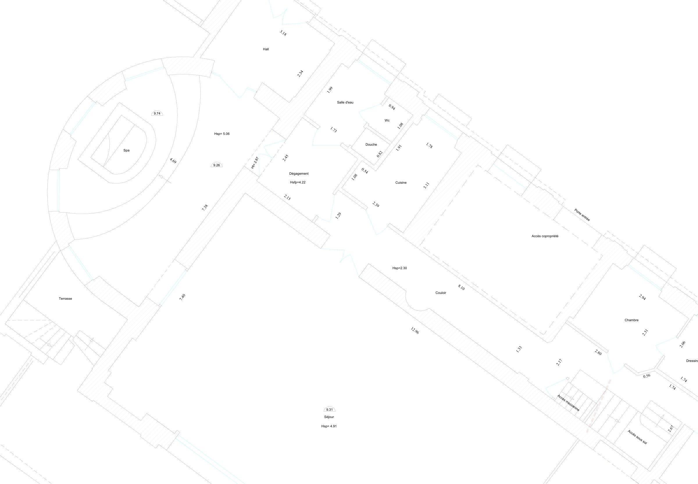 Détail du plan d'intérieur du rez-de-chaussée de La Réserve à Nice : rotonde, cotes, hauteurs sous plafond et altitudes NGF, PYTHAGORE Géomètres-Experts