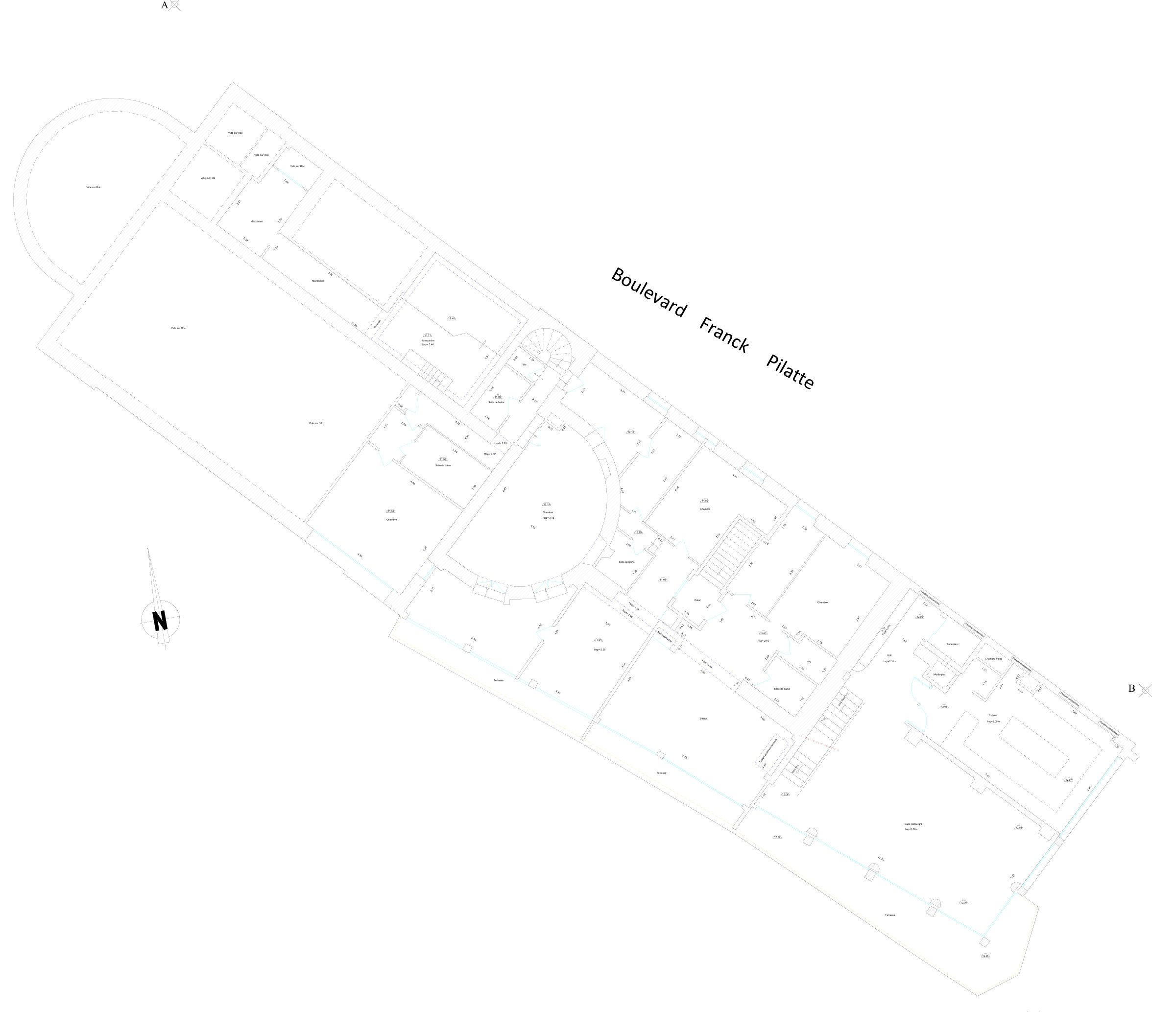 Plan des intérieurs structurel du premier étage de La Réserve à Nice, rotondes et vides sur rez-de-chaussée, PYTHAGORE Géomètres-Experts