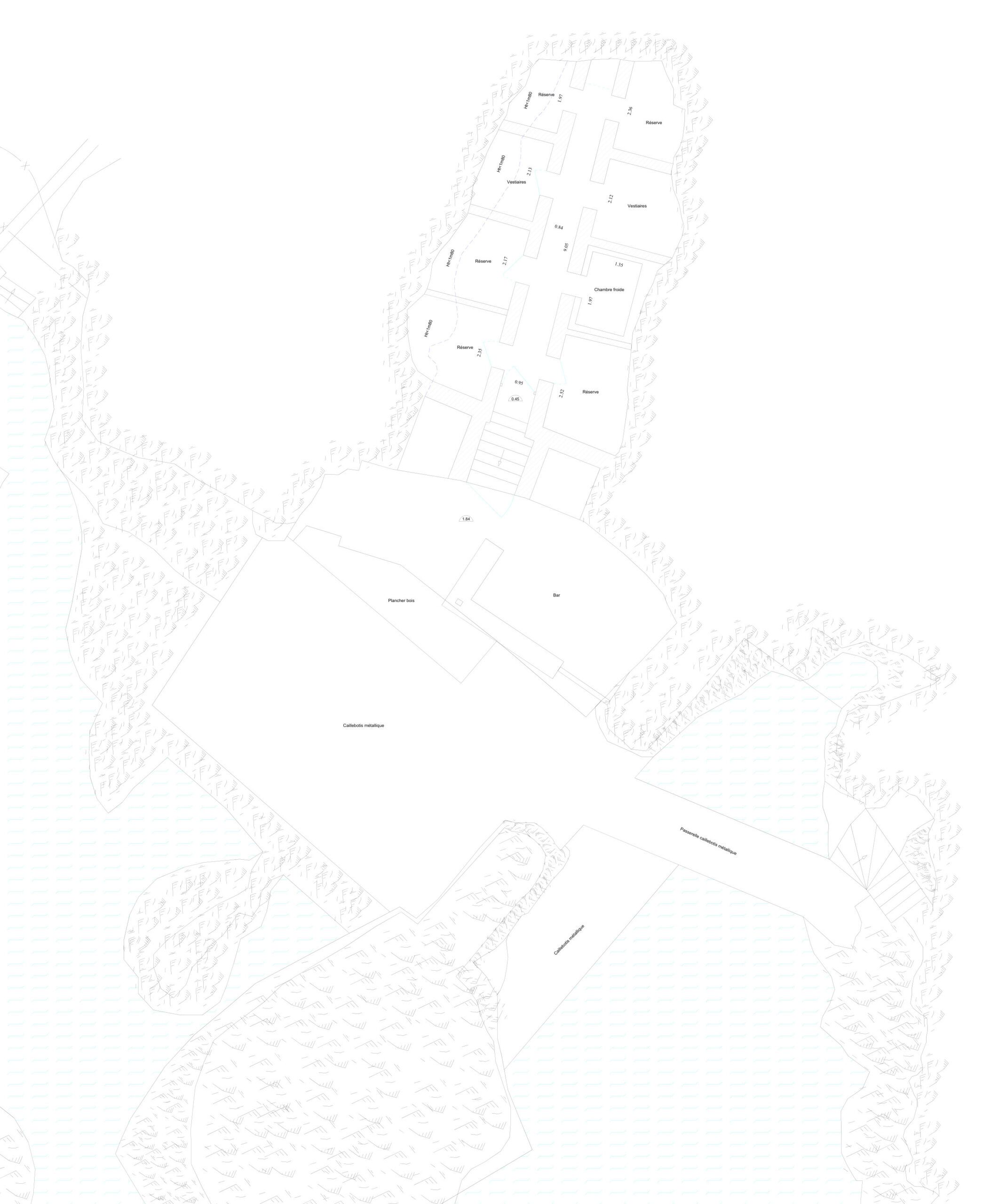 Plan du rez-de-mer de La Réserve à Nice : réserves et vestiaires dans le rocher, bar, caillebotis et passerelle au-dessus de la mer, PYTHAGORE Géomètres-Experts