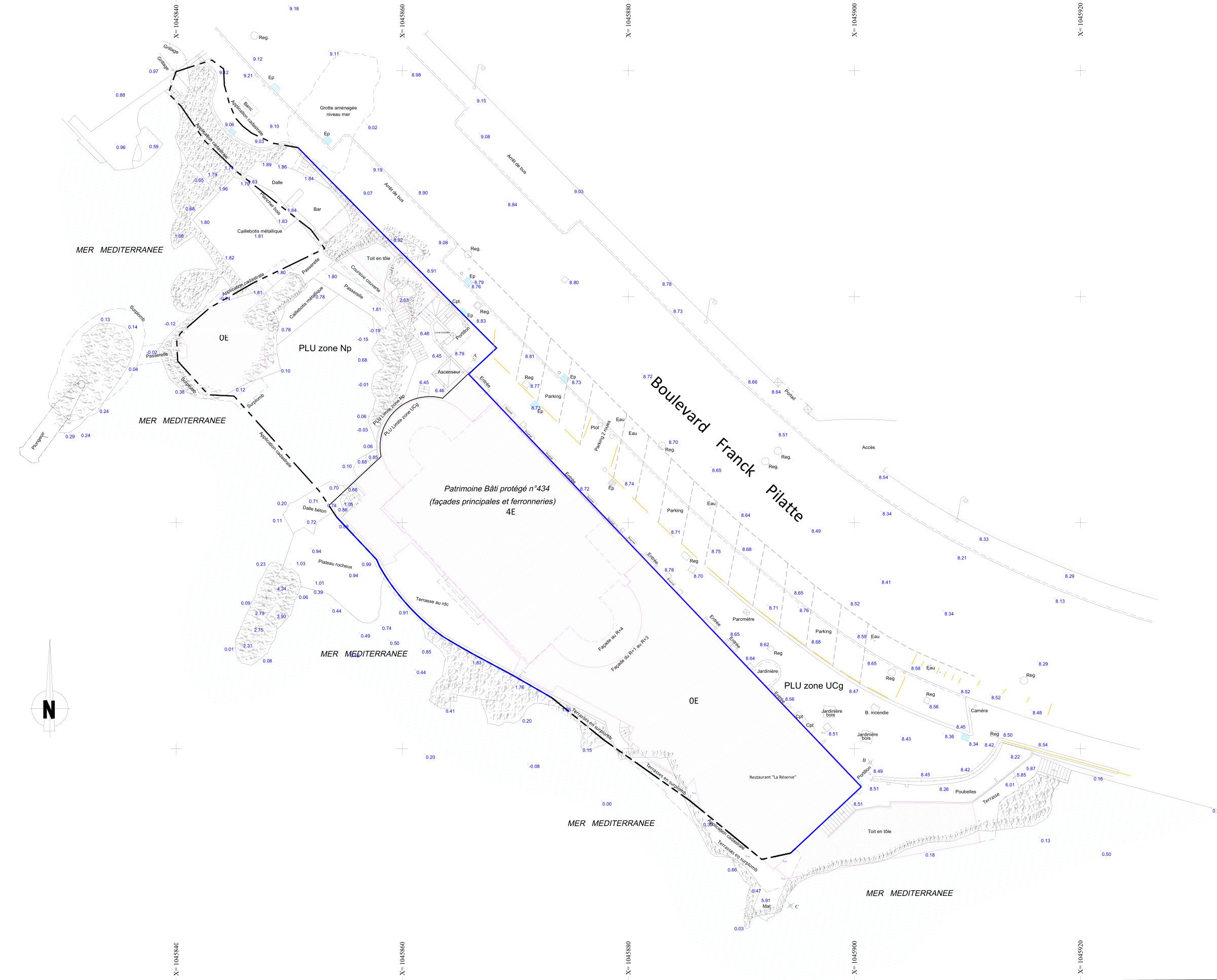 Plan topographique au 1/200 de La Réserve, boulevard Franck-Pilatte à Nice : bâtiment, terrasses, rochers et altitudes NGF, PYTHAGORE Géomètres-Experts